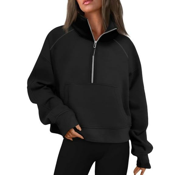 Qwertyu Womens Sweatshirts Half Zip Cropped Pullover Fleece Quarter Zipper Hoodies 2025 Fall Fashion Clothes Black L