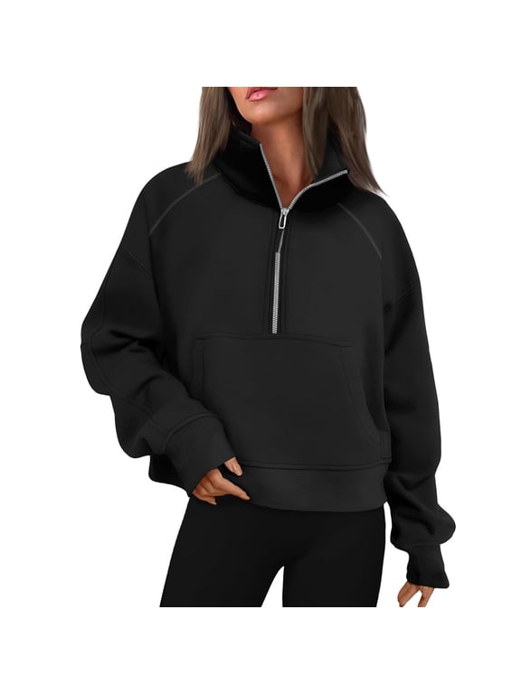 Womens Sweatshirts Half Zip Cropped Pullover Fleece Quarter Zipper Hoodies 2025 Fall Fashion Clothes Black L