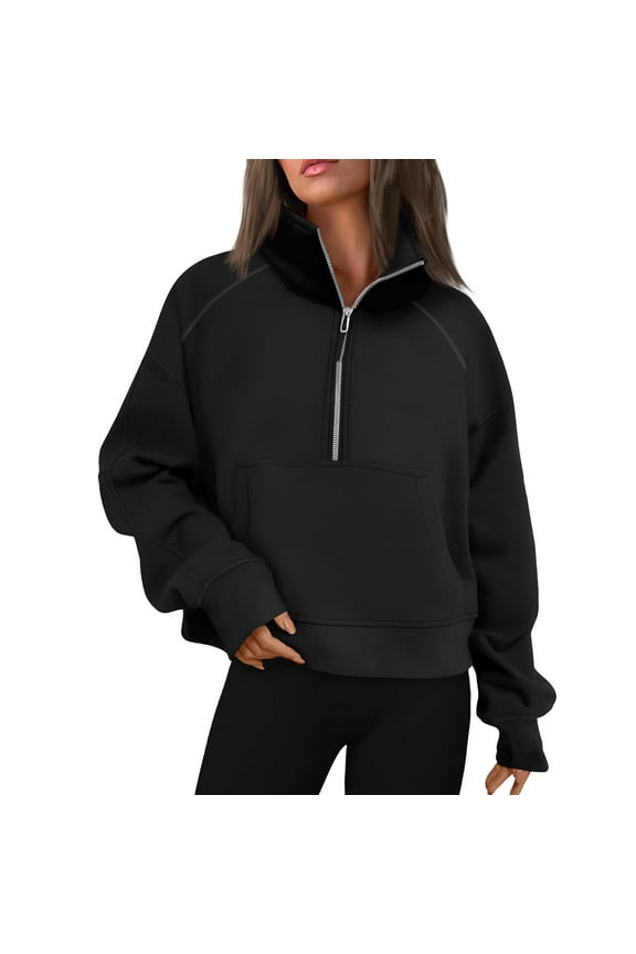 Womens Sweatshirts Half Zip Cropped Pullover Fleece Quarter Zipper Hoodies 2025 Fall Fashion Clothes Black L