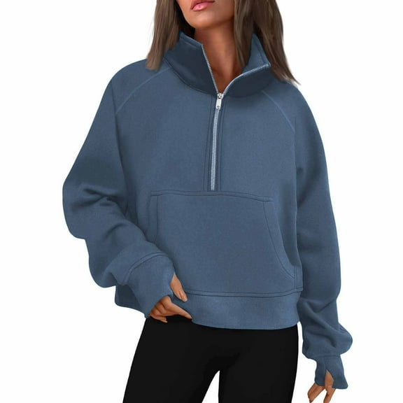 Qwertyu Womens Sweatshirts Half Zip Cropped Pullover Fleece Quarter Zipper Hoodies 2025 Fall Fashion Clothes Blue L