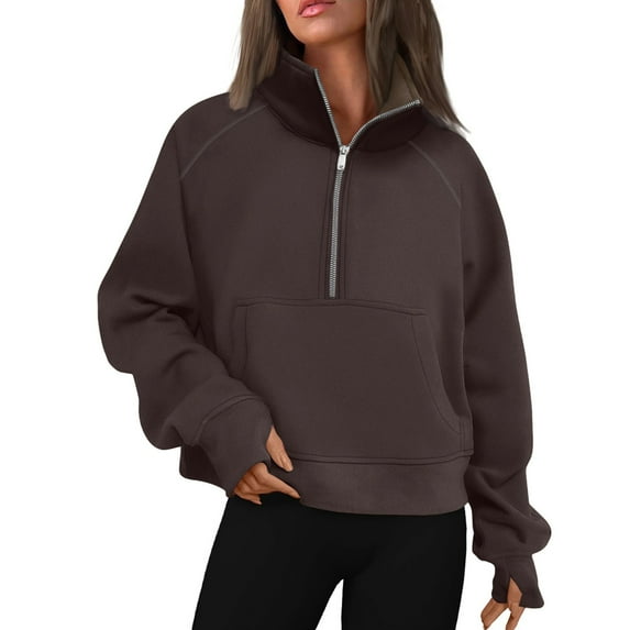 Qwertyu Womens Sweatshirts Half Zip Cropped Pullover Fleece Quarter Zipper Hoodies 2025 Fall Fashion Clothes Brown 2XL