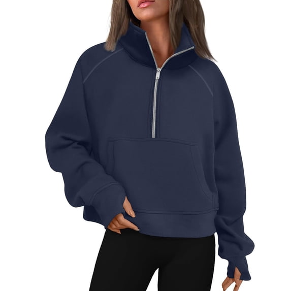Qwertyu Womens Sweatshirts Half Zip Cropped Pullover Fleece Quarter Zipper Hoodies 2025 Fall Fashion Clothes Dark Blue XL