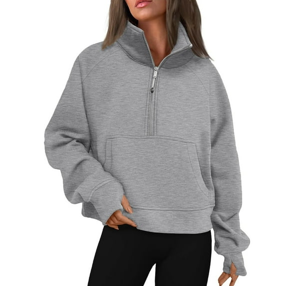 Qwertyu Womens Sweatshirts Half Zip Cropped Pullover Fleece Quarter Zipper Hoodies 2025 Fall Fashion Clothes Light Gray S