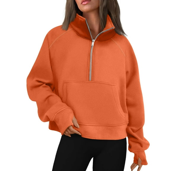 Qwertyu Womens Sweatshirts Half Zip Cropped Pullover Fleece Quarter Zipper Hoodies 2025 Fall Fashion Clothes Orange L