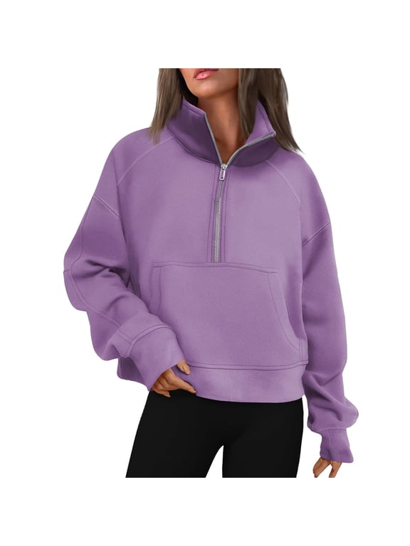 Womens Sweatshirts Half Zip Cropped Pullover Fleece Quarter Zipper Hoodies 2025 Fall Fashion Clothes Purple S