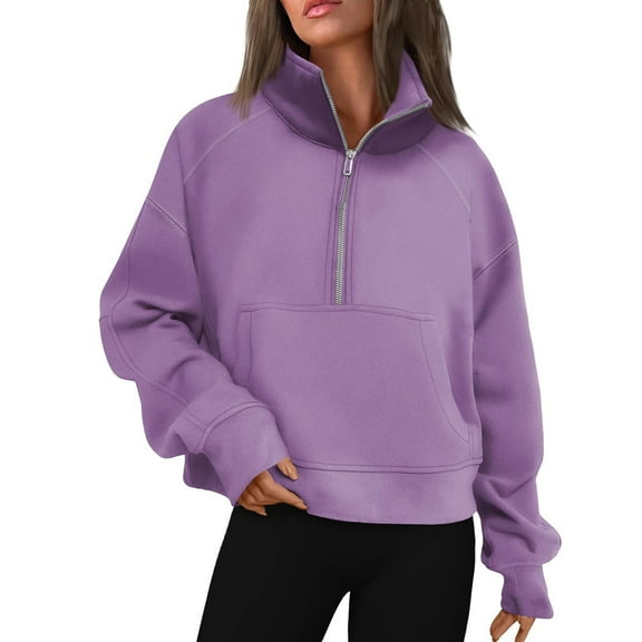 Qwertyu Womens Sweatshirts Half Zip Cropped Pullover Fleece Quarter Zipper Hoodies 2025 Fall Fashion Clothes Purple XL
