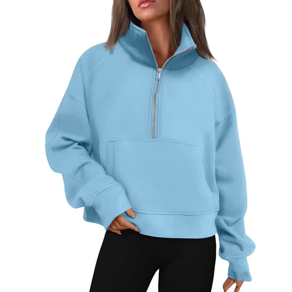 Qwertyu Womens Sweatshirts Half Zip Cropped Pullover Fleece Quarter Zipper Hoodies 2025 Fall Fashion Clothes Sky Blue S