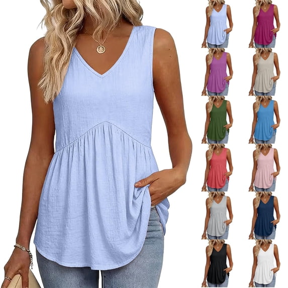 Qwertyu Womens Tank Tops Casual Sleeveless Tops for Women Dressy V Neck Babydoll Tank Tops Flowy Summer Shirts Navy 2XL