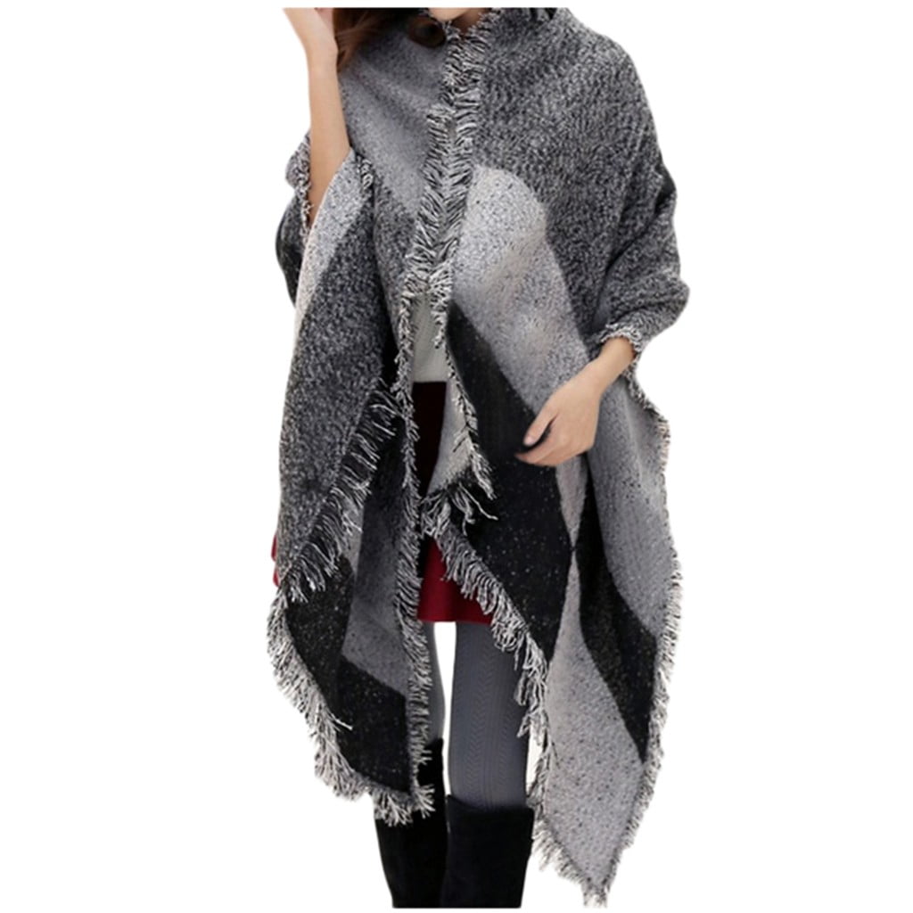 Qwertyu Womens Tassel Cover Up Pashmina Poncho Cold Weather Shawl