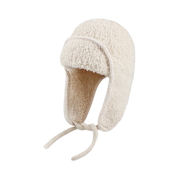 Qwertyu Womens Teddy Fleece Aviator Hat Knitted Winter Trapper Cap with Ear Flaps Tie Straps Soft Lined Fit for Large Head Beige