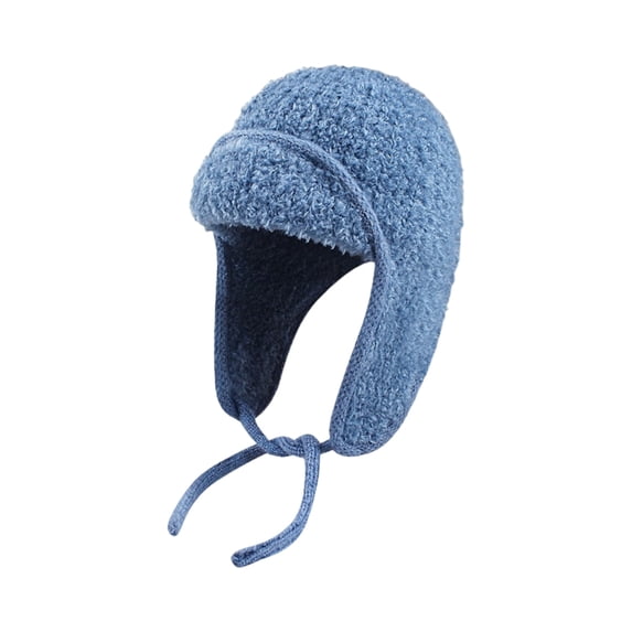 Qwertyu Womens Teddy Fleece Aviator Hat Knitted Winter Trapper Cap with Ear Flaps Tie Straps Soft Lined Fit for Large Head Blue