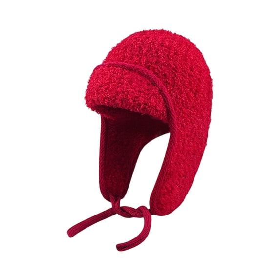Qwertyu Womens Teddy Fleece Aviator Hat Knitted Winter Trapper Cap with Ear Flaps Tie Straps Soft Lined Fit for Large Head Red