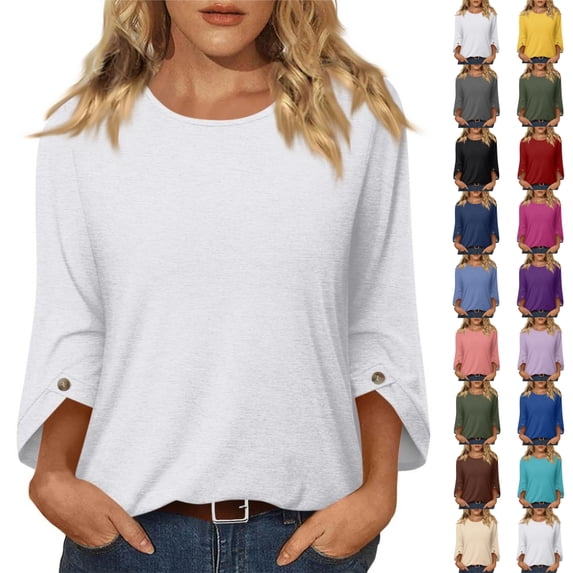 Qwertyu Womens Top 3/4 Sleeve T-shirts for Women Casual Crew Neck Three Quarter Length Sleeve Solid Fashion Loose Pullover Wine XL