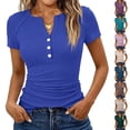 thumbnail image 1 of Qwertyu Womens Tops 2026 Spring Summer Top Henley V Neck Short Sleeve Button Slim Fit Casual Ribbed Knit Shirts Blouses Clothes Khaki L, 1 of 7