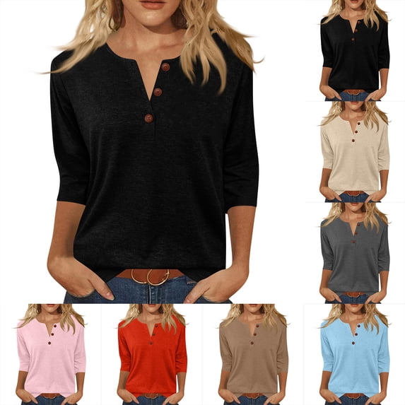 Qwertyu Womens Tops 3/4 Length Sleeve V Neck Loose Casual Button T Shirts Summer Basic Tees Black S