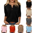 thumbnail image 1 of Qwertyu Womens Tops 3/4 Length Sleeve V Neck Loose Casual Button T Shirts Summer Basic Tees Light Blue M, 1 of 5