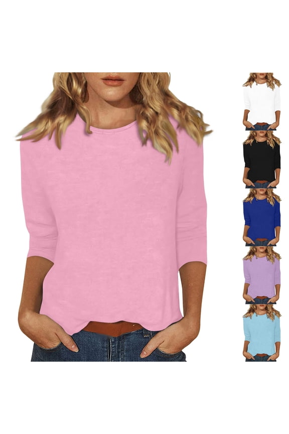 Womens Tops 3/4 Sleeve Crew Neck Cotton Tees Floral Print Summer T Shirts 2026 Three Quarter Length Shirts Pink 2XL