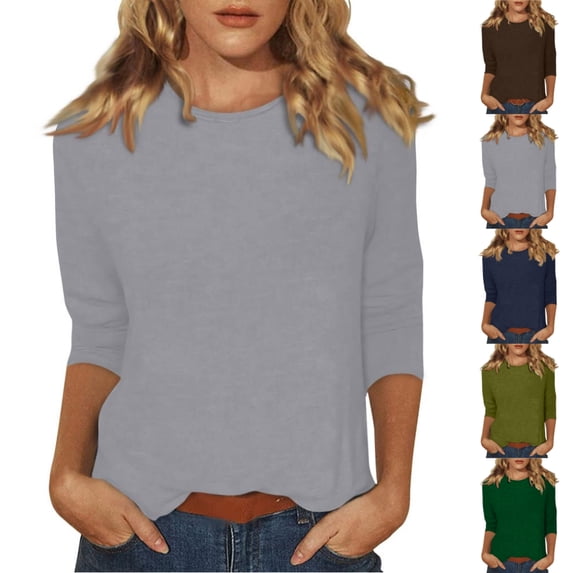Qwertyu Womens Tops 3/4 Sleeve Crew Neck Cotton Tees Solid Color Summer T Shirts 2026 Three Quarter Length Shirts Coffee M