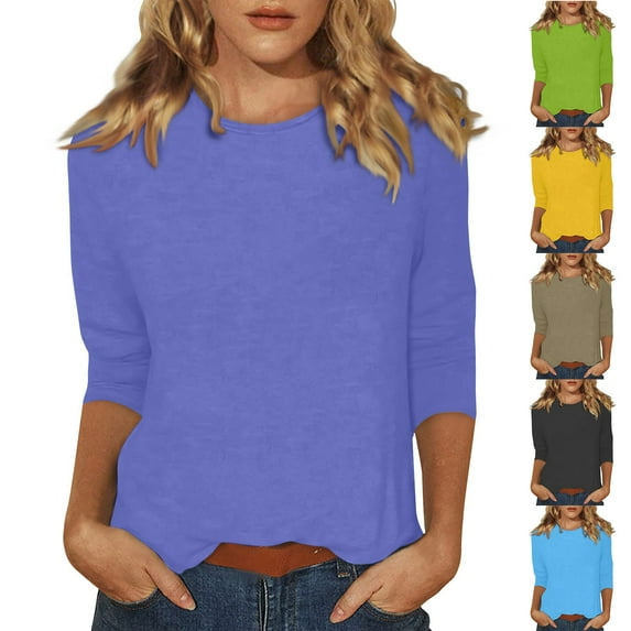 Qwertyu Womens Tops 3/4 Sleeve Crew Neck Cotton Tees Solid Color Summer T Shirts 2026 Three Quarter Length Shirts Cyan L
