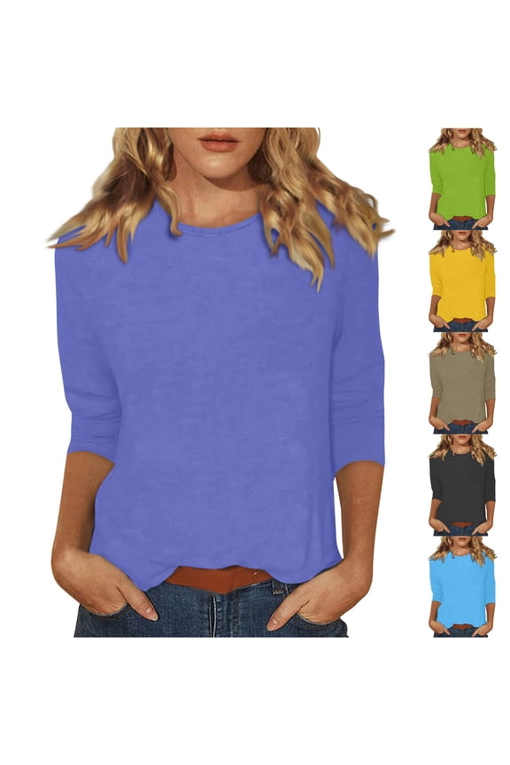 Womens Tops 3/4 Sleeve Crew Neck Cotton Tees Solid Color Summer T Shirts 2026 Three Quarter Length Shirts Cyan S