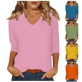 thumbnail image 1 of Qwertyu Womens Tops 3/4 Sleeve T-shirts for Women Casual V-Neck Three Quarter Length Sleeve Fashion Loose Basic Tops Blue XXL, 1 of 5