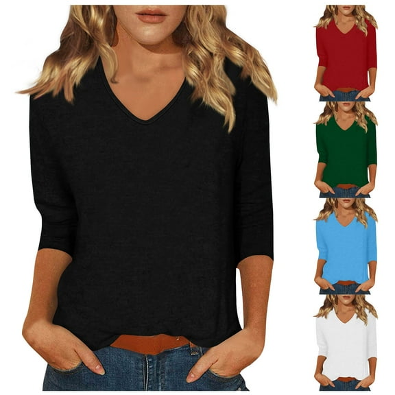 Qwertyu Womens Tops 3/4 Sleeve T-shirts for Women Casual V-Neck Three Quarter Length Sleeve Solid Fashion Loose Pullover White 3XL