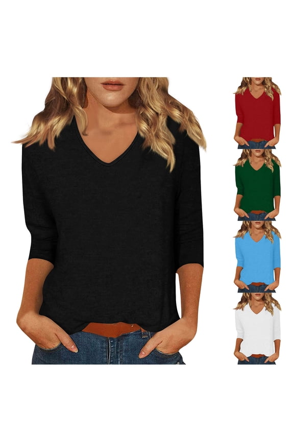 Womens Tops 3/4 Sleeve T-shirts for Women Casual V-Neck Three Quarter Length Sleeve Solid Fashion Loose Pullover White L