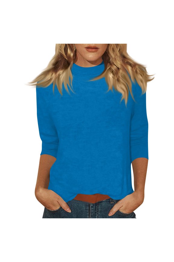 Womens Tops Casual 3/4 Sleeve Mock Neck Shirts Loose Fit Tunic Blouses Summer Tees Blue 3XL