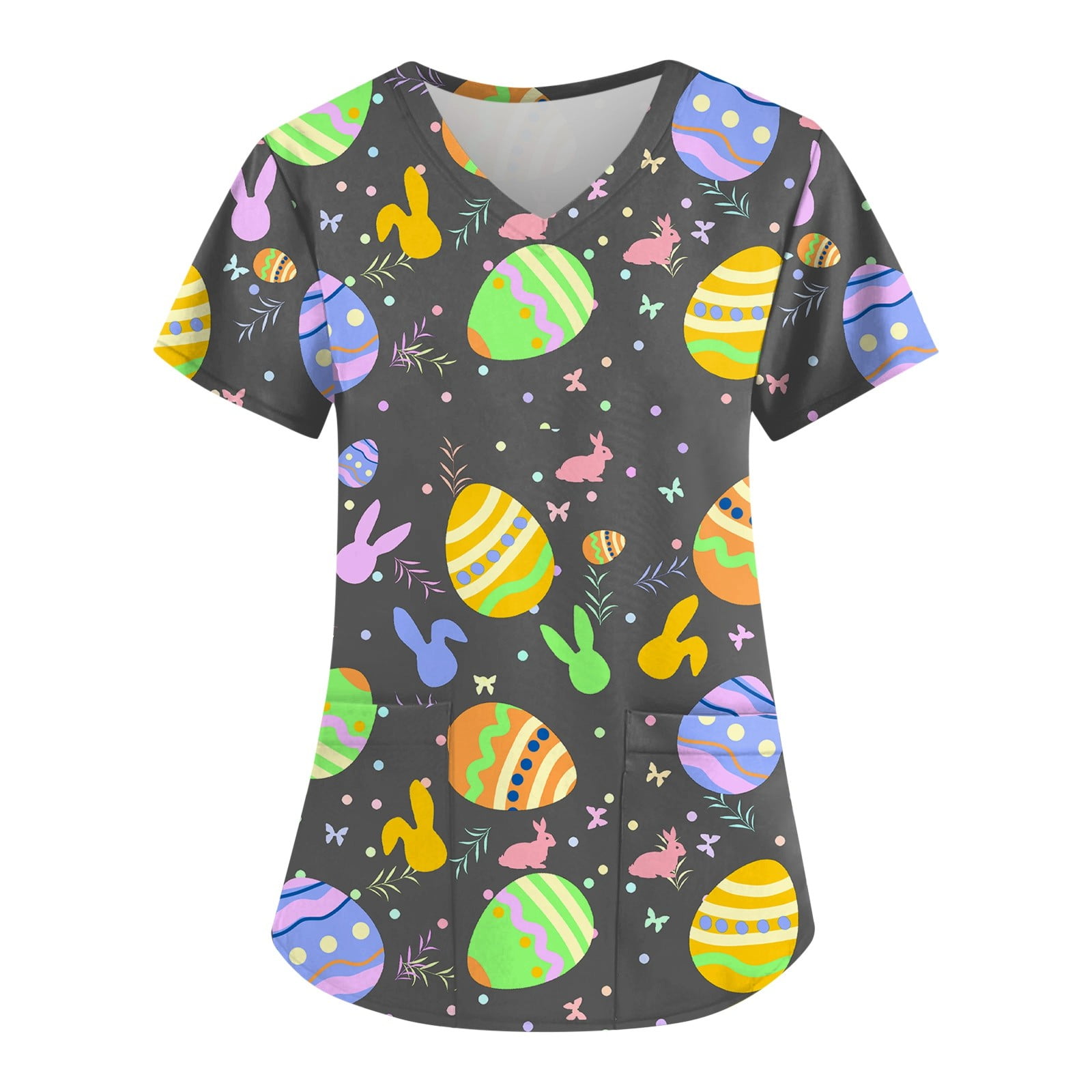 Qwertyu Womens Tops Scrubs Short Sleeve Rabbit Egg Plus Size Scrubs V