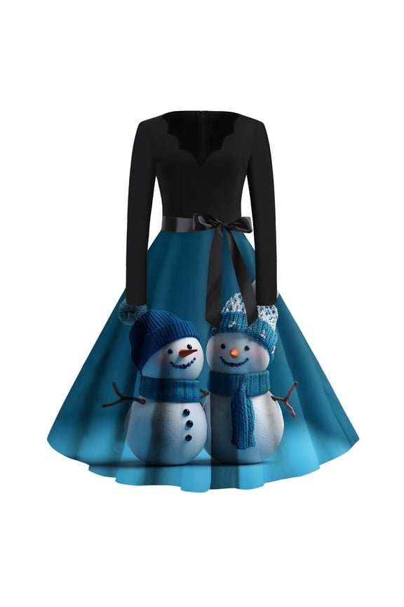 Womens Ugly Christmas Dress Santa Snowflake Graphic 1950s Flare Dress Long Sleeve Lace Winter Maxi Dresses Royal Blue M