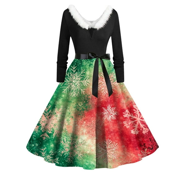 Qwertyu Womens Ugly Christmas Dress Snowman Snowflake Graphic 1950s Swing Dress Long Sleeve Knee-Length Xmas Cocktail Party Dress Green 2XL