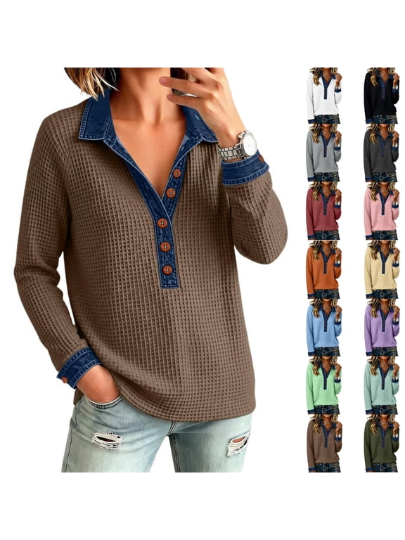 Womens Waffle Knit Tops Long Sleeve Patchwork Denim Shirt Fall Fashion Causal Button V Neck Collared Blouses Brown XL