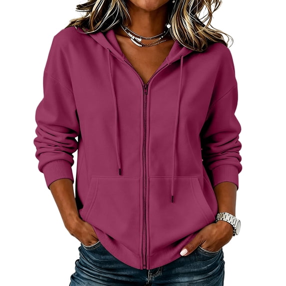 Qwertyu Zip Up Hoodie Women Y2K Sweatshirt Casual Long Sleeve Hoodies Oversized Fall Winter Fleece Jacket with Pockets Purple Pink L