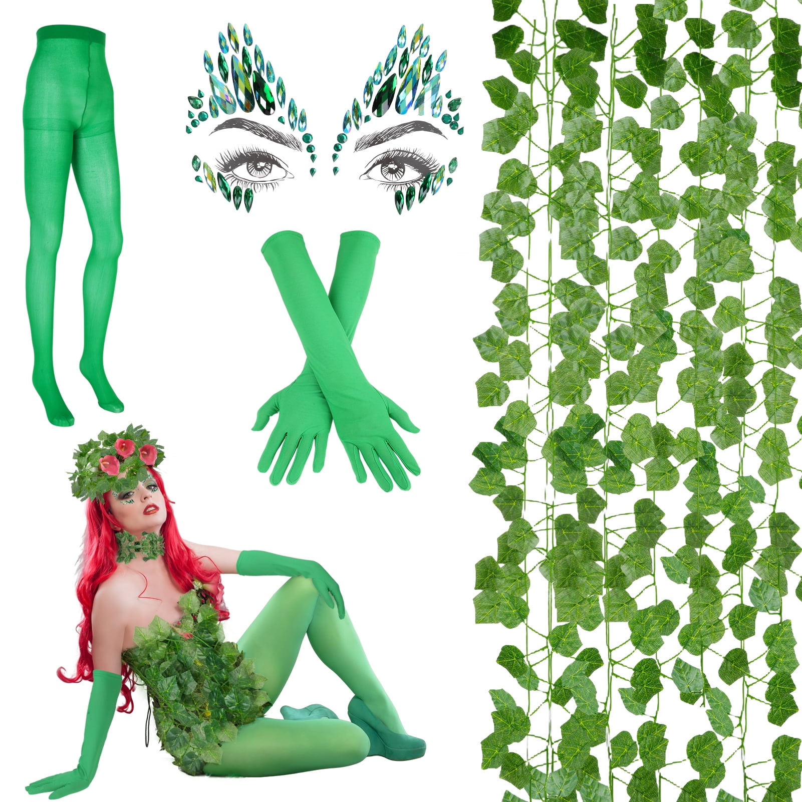 Qweryboo 9 Pcs Halloween Poison Ivy Costume Set, Poison Ivy Cosplay Costume Include Face Jewels Tattoo Stickers, Ivy Leaves Garland, Gloves and Stockings for Halloween Cosplay Party