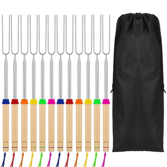 Qweryboo 12Pcs Marshmallow Roasting Sticks Fire Pit Kit, Extendable 12-32inch Long Metal Barbecue Skewers, Telescoping Smores BBQ Fork for Grill and Campfire, Hot Dog Camping Accessories