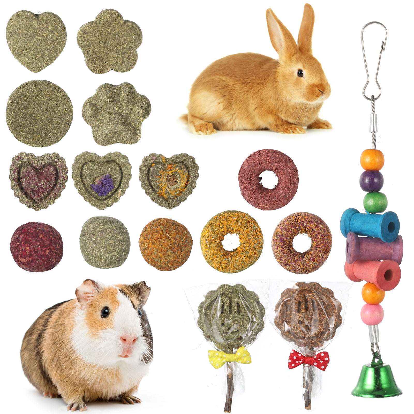 Qweryboo 16PCS Rabbit Toys Bunny Chew Toys for Teeth, Natural Timothy Hay Chew Treats, Improve Dental Health for Rabbit Bunny Chinchilla Guinea Pig Hamster, Hand Made Safe