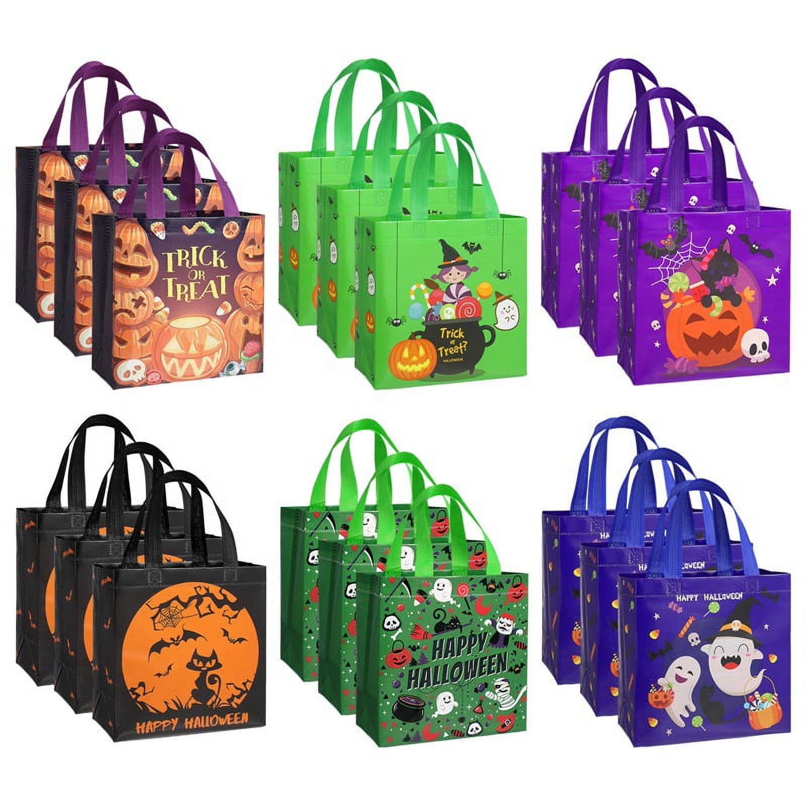 Qweryboo 18 Pcs Halloween Trick or Treat Bags Non-Woven, 9 x 8.7 x 4.3 Inch Reusable Gift Tote Bags with Handles, 6 Colors Goodie Candy Bags for Halloween Party Supplies