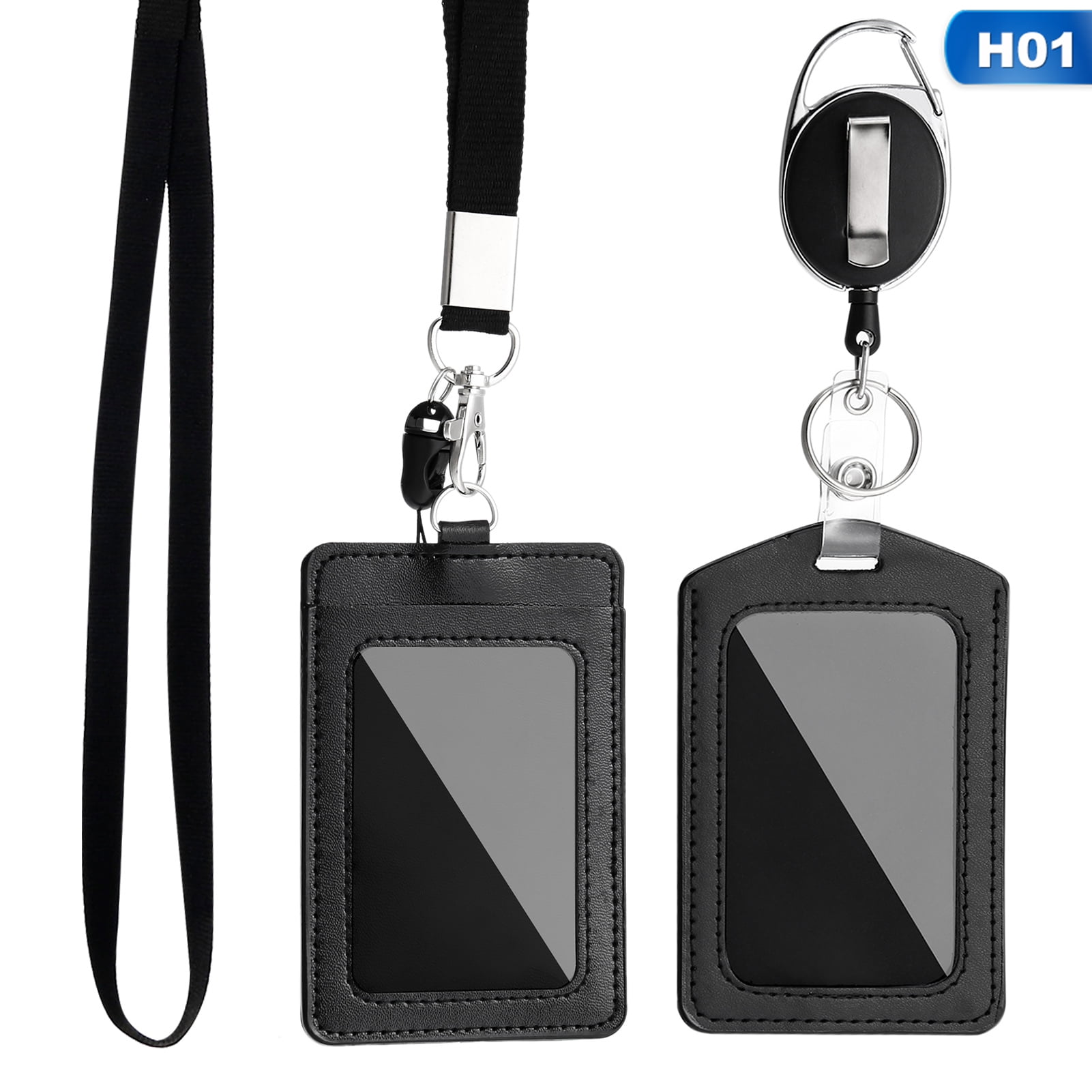 Retractable PU Leather Badge Reel Vertical Horizontal ID Card Holder Lanyard  Set