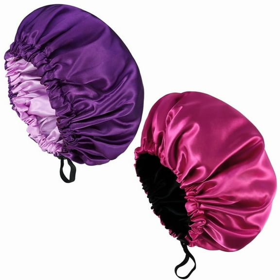 Qweryboo 2 Pcs Double Layer Waterproof Silk Bonnet, Adjustable Satin Hair Night Caps, Head Wraps for Women Sleeping Shower Long Hair, Curly Hair(Dark Purple, Rose Red)