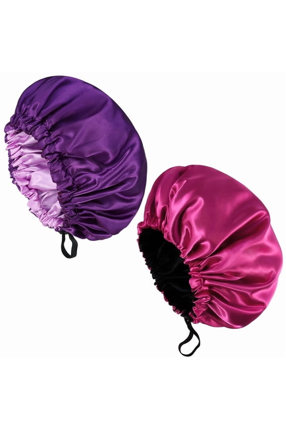 2 Pcs Double Layer Waterproof Silk Bonnet, Adjustable Satin Hair Night Caps, Head Wraps for Women Sleeping Shower Long Hair, Curly Hair(Dark Purple, Rose Red)