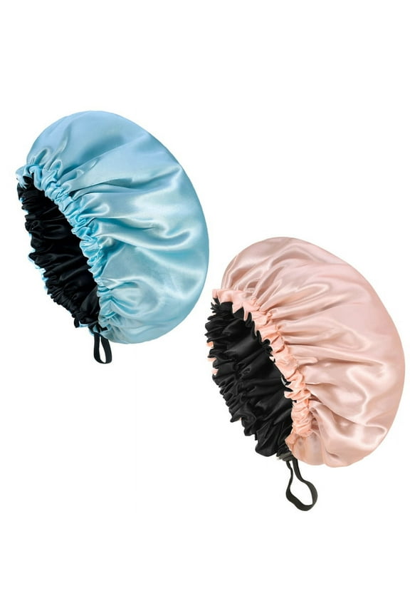 2 Pcs Double Layer Waterproof Silk Bonnet, Adjustable Satin Hair Night Caps, Head Wraps for Women Sleeping Shower Long Hair, Curly Hair(Sky Blue,Pink)