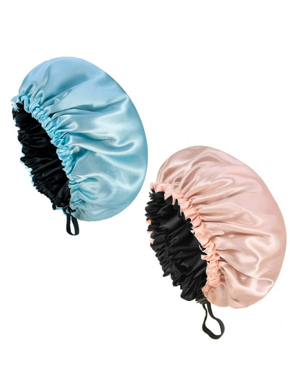 Qweryboo 2 Pcs Double Layer Waterproof Silk Bonnet, Adjustable Satin Hair Night Caps, Head Wraps for Women Sleeping Shower Long Hair, Curly Hair(Sky Blue,Pink)