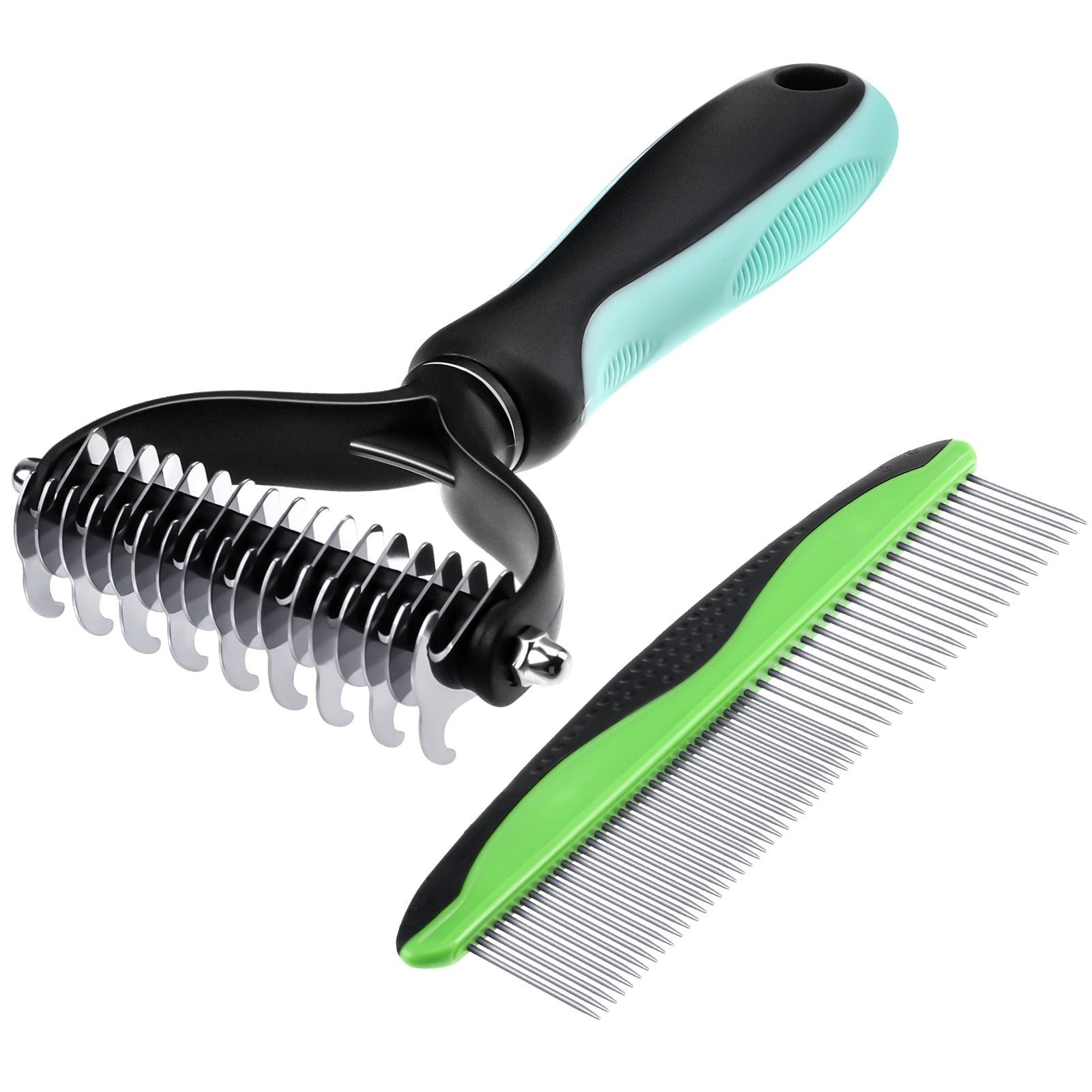 Qweryboo 2 Pcs Pet Grooming Brush, Undercoat Rake for Dogs and Cats, Double-Sided Dog Deshedding Tool Removes Knot, Tangled Hair Dematting Comb for Dogs, with Pet Steel Comb
