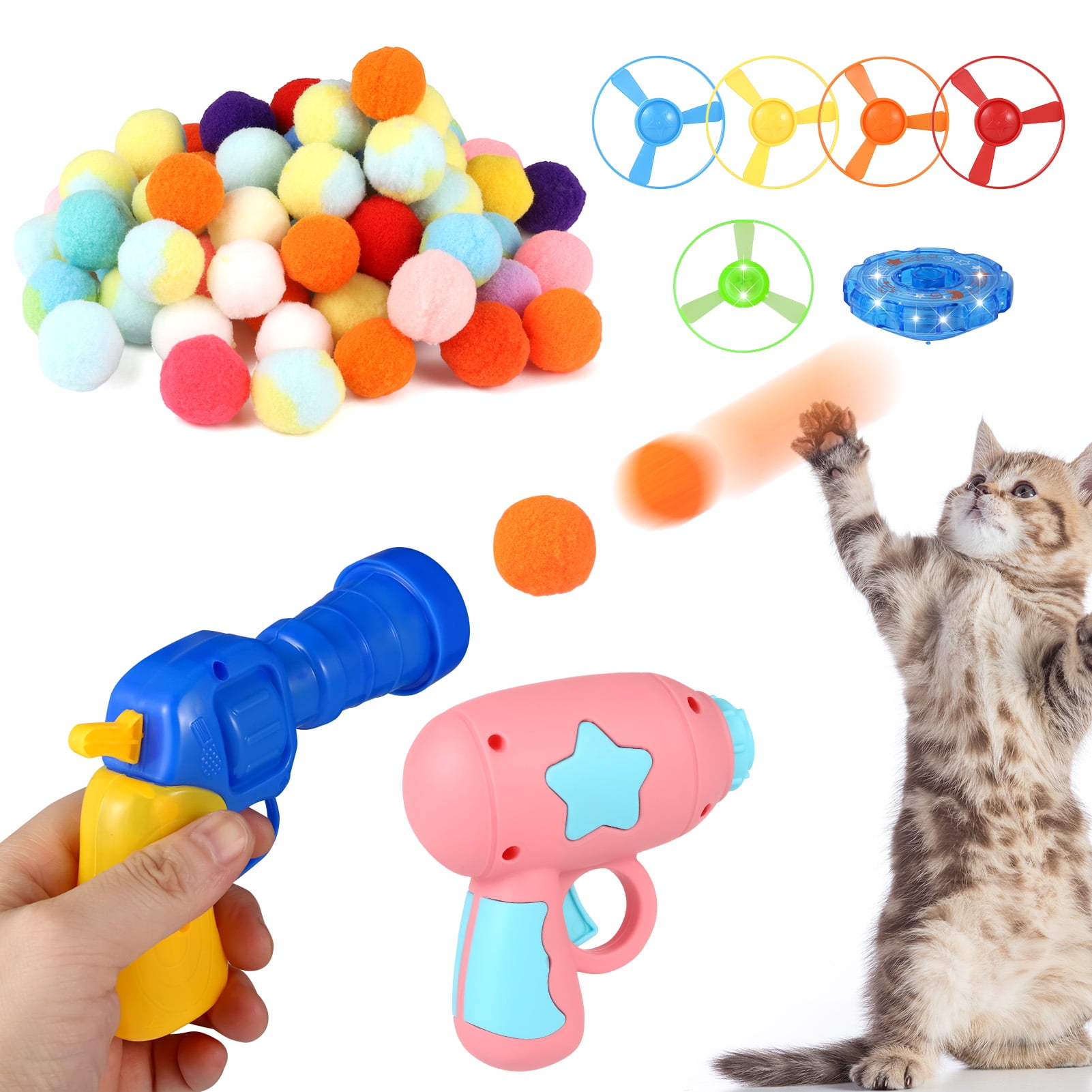 Cat Toy Ball Launcher, 30 Cat Pom Pom Balls And Cat Toy Launcher