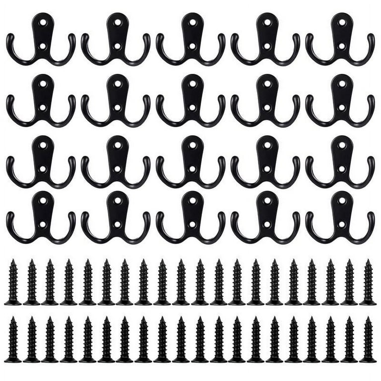 Qweryboo 20 Packs Double Prong Robe Hook with 40 Screws, Dual Cloth Hanger Wall Mounted Metal Coat Hanger Hooks Rustic Hooks for Bathroom Bedroom Door