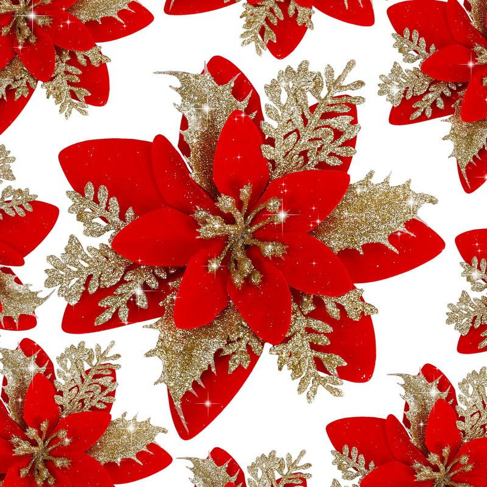 Qweryboo 24 Pcs Christmas Poinsettia Flowers,Artificial Glitter Fake