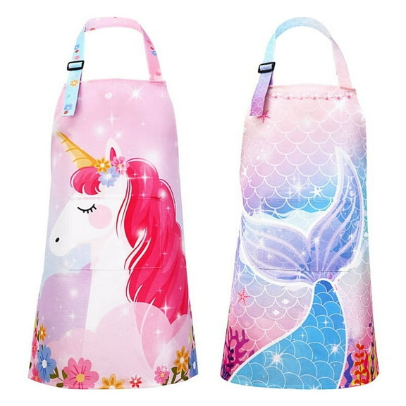 Qweryboo 2PCS Kids Aprons for Girls, Kids Art Aprons with Fish Tail and Pink Unicorn Print, with Adjustable Strap and Front Pocket for Toddlers Cooking Baking Gardening Art and Craft