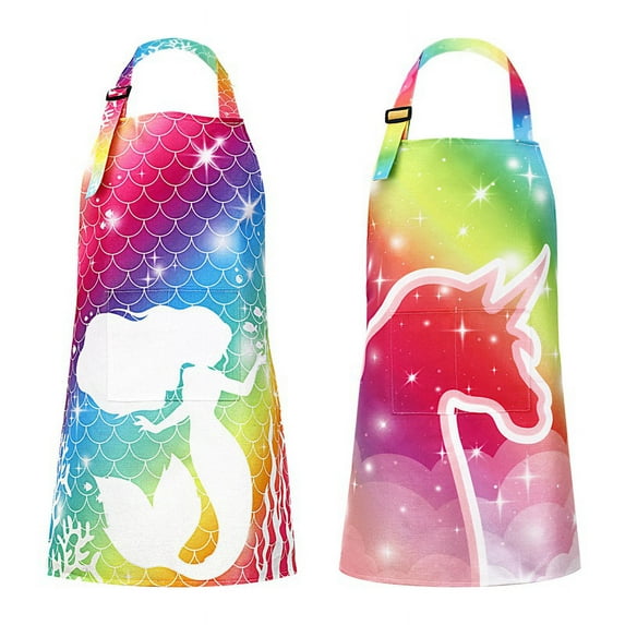 Qweryboo 2PCS Kids Aprons for Girls, Kids Art Aprons with Mermaid and Colorful Unicorn Print, with Adjustable Strap and Front Pocket for Toddlers Cooking Baking Gardening Art and Craft