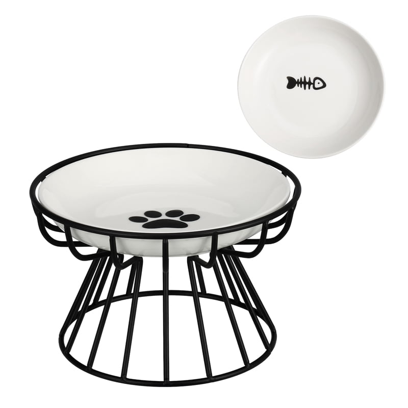 Qweryboo 3 Pcs Ceramic Cat Food Plates Set with Stand, Whisker Friendly