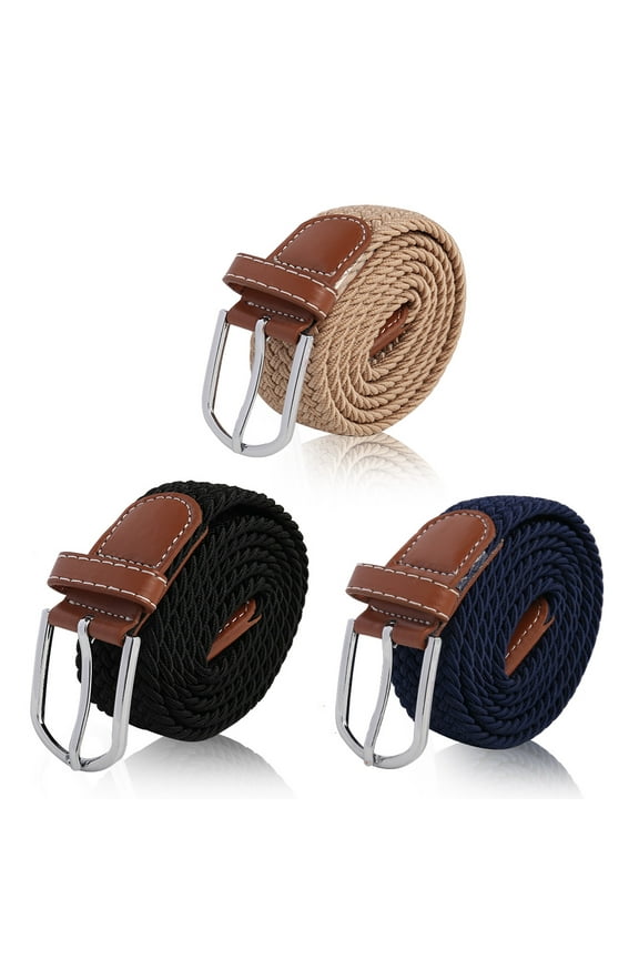 3 Pcs Mens Braided Woven Belts, Stretch Belts with Big Size for Jeans Trousers Dresses (Unisex)